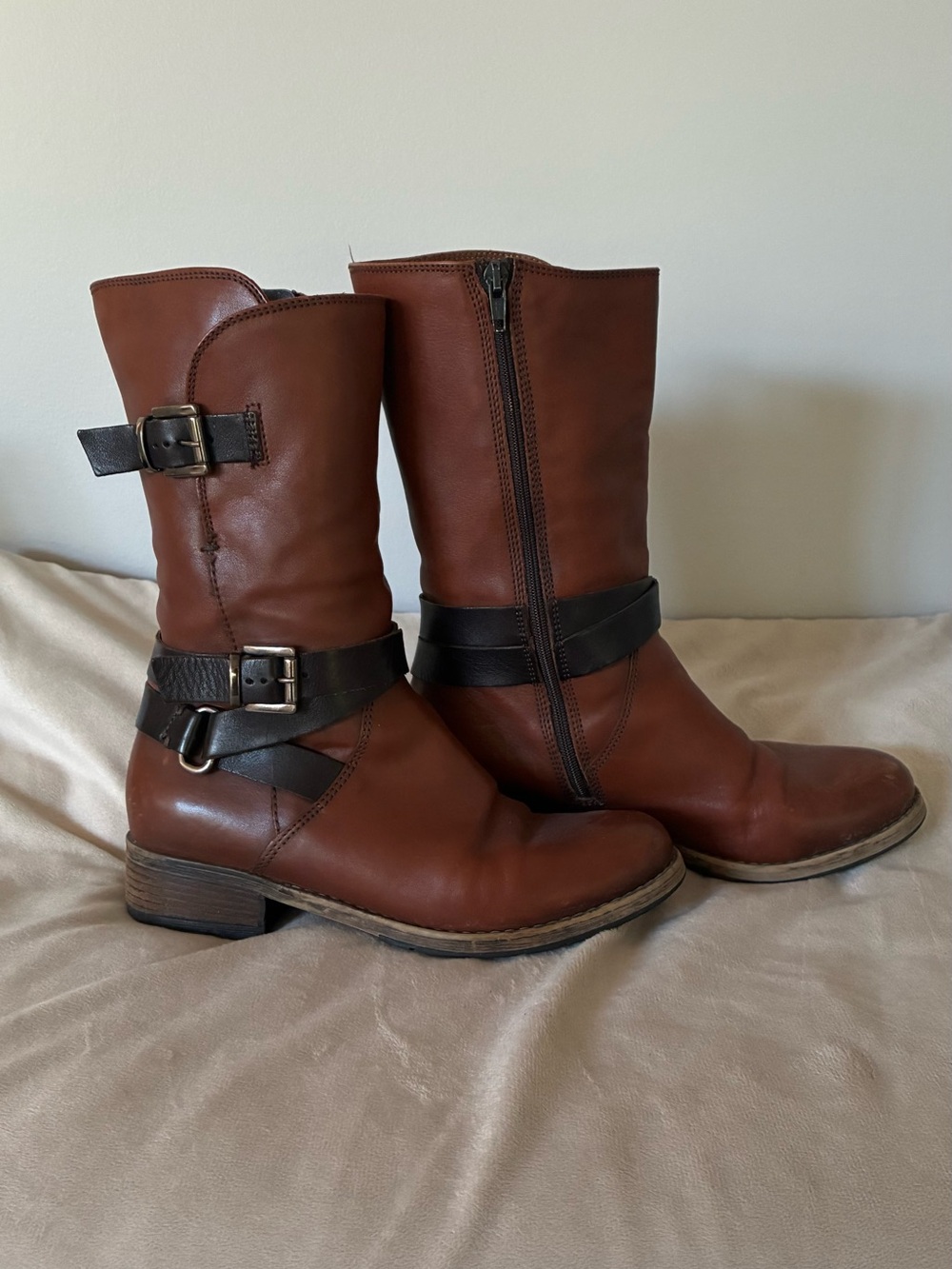 Clarks Brown Leather Mid-Calf Heeled Boots with Buckle Straps